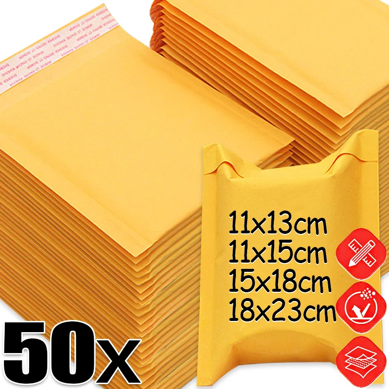 Letter Envelope Kraft - 50/10x Kraftpapier-Luftpolsterumschläge, Versandtaschen, Gelbe Selbstklebende Wasserdichte